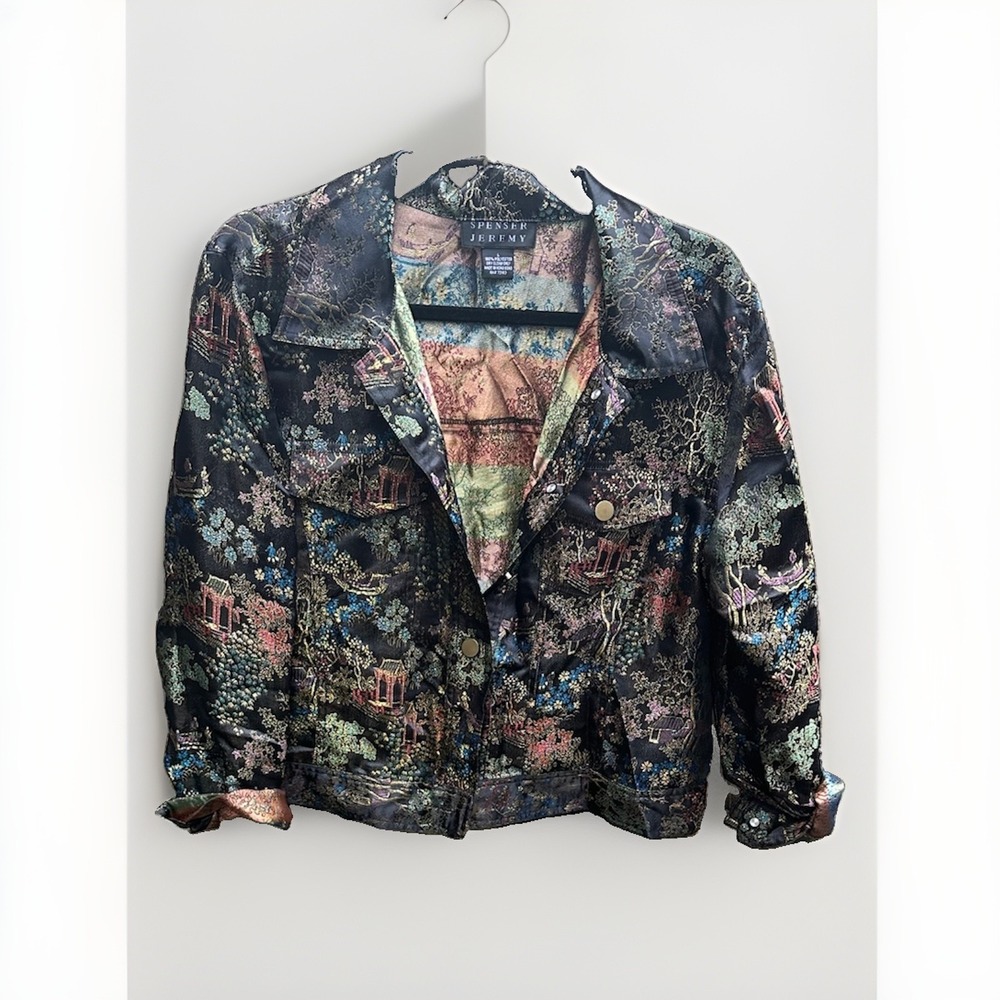 Spenser Jeremy Womens Large Tapestry Brocade Jacket Landscape Oriental Garden